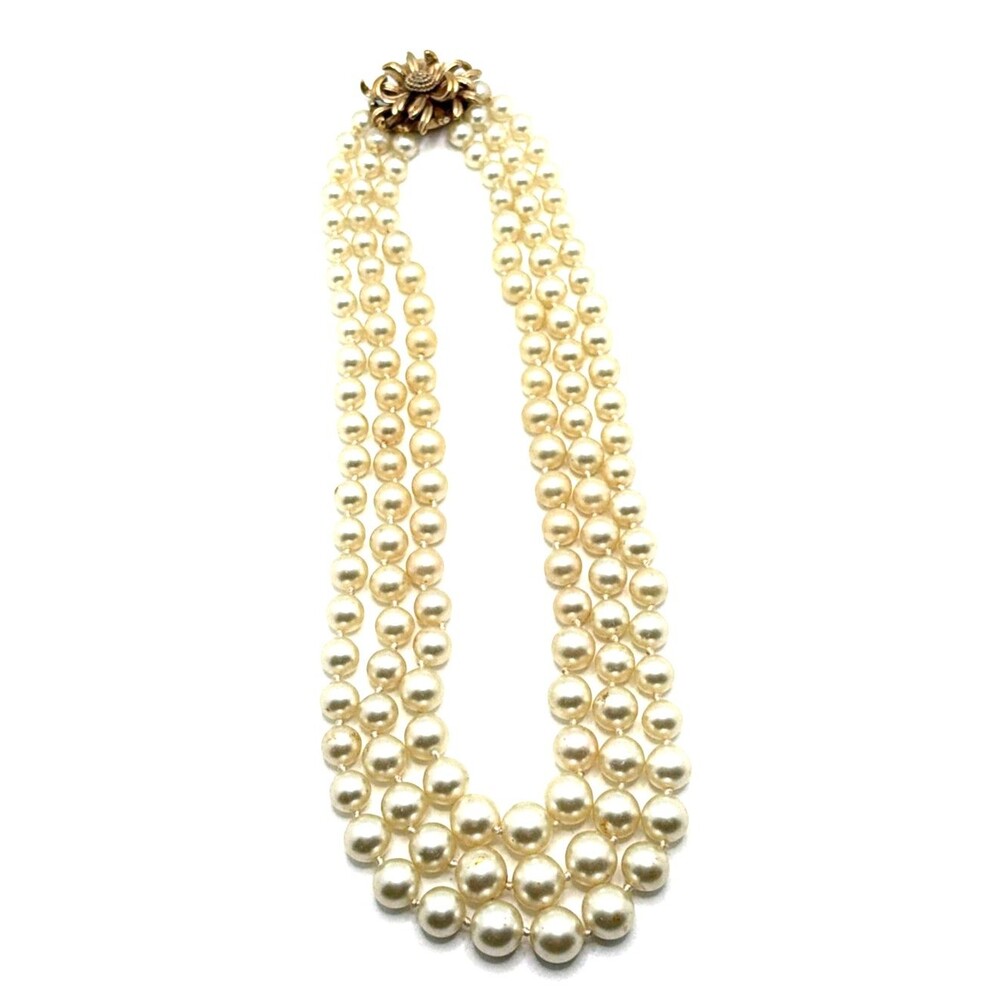 Vintage Multistrand Faux Pearl Necklace Gold Tone Floral Clasp Marked 119 16"